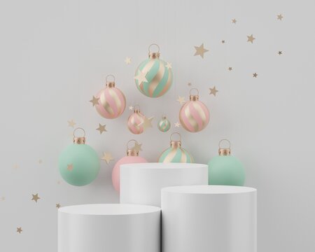 3d Rendering Scene Of Christmas Holiday Concept Decorate With Tree And Displays Podium Or Pedestal For Mock Up And Products Presentation.