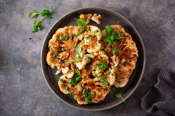 Obraz na płótnie Canvas cauliflower steaks with herb sauce and spice. plant based meat substitute