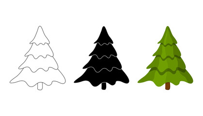 Christmas tree illustration set. Collection vector fir tree isolated on white background. Cartoon, outline and silhouette design. Icon or symbol for winter holidays.