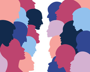 People profile heads. Seamless pattern of a crowd of many different people profile heads. Vector background.