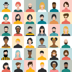 People heads icons. Face avatar. Man; woman in flat style. Vector.