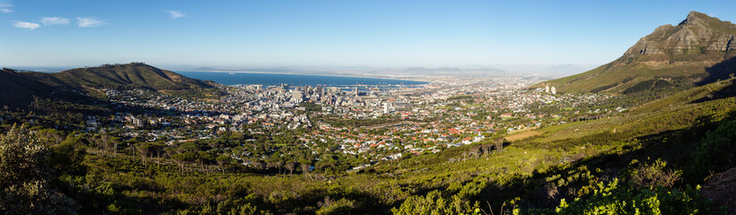 Fototapeta na wymiar Panoramic view of Cape Town City CBD and Table bay from the foot of Table Mountain in South Africa.