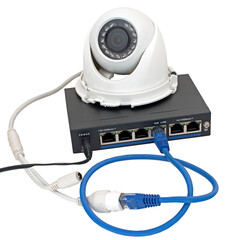 IP security camera, LAN cables and router on white