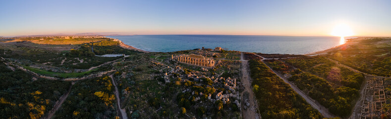 Greek temples at Selinunte, View on sea and ruins of greek columns in Selinunte Archaeological Park...