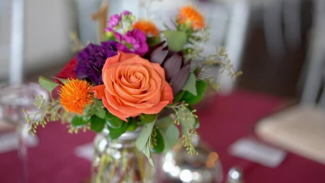 CU Close up of flower bouquet on table