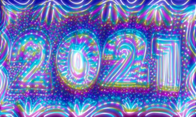 Banner capodanno 2021 luce rosa neon. Sfondo blu.