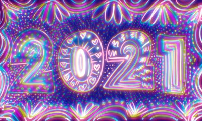 Banner capodanno 2021 luce rosa neon. Sfondo blu.