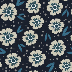 gray and blue flowers with leaves seamless pattern, vector hand drawing greeting card template