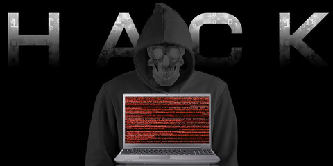 Hacker in black hood on binary background Code containing a binary stream and a security condition. Cyber security database penetration 3D illustration