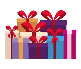 bundle of gift boxes of color white with one red bow