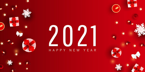 2021 Happy New Year and Merry Christmas minimal festive banner. Xmas gift box, love shapes, geometric circles on gradient red background with place for text. Flat lay, top view.