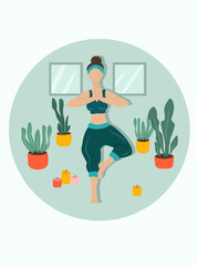 vector hand drawn illustration. the girl is engaged in yoga, , surrounded by plants and candles. Illustration for web sites, applications