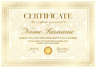 Gold elegant certificate with golden border (frame), curve pattern with fine line ornament on background. Vector template for invite, diploma - obrazy, fototapety, plakaty