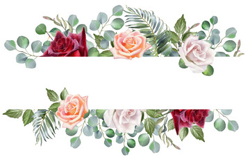 Watercolor illustration with rose flowers, tropical leaves and eucalyptus branches. Wedding invitation, greeting card.