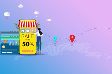 Concept of online shopping, young woman is standing in front of smartphone that the display contain list of products, discount rate, customer rating and reviews to order a new shoe.