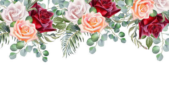 Watercolor illustration with rose flowers, tropical leaves and eucalyptus branches. Wedding invitation, greeting card.