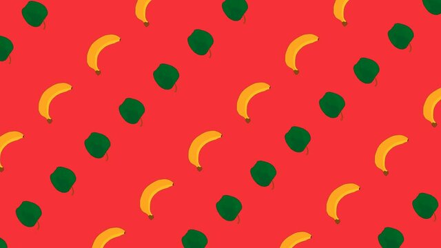 Pattern green apples and yellow bananas fly diagonally on a red background loop