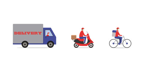 Online delivery service concept, online order tracking, delivery home and office. Warehouse, truck, scooter and bicycle courier, delivery man in respiratory mask and gloves.