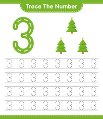 Trace the number. Tracing number with Christmas Tree. Educational children game, printable worksheet, vector illustration
