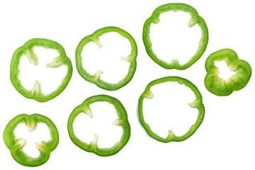 Green  sweet bell pepper slices isolated on white background. Top view.