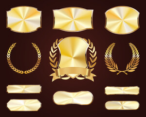 Set of golden shields. Luxury gold labels. Glossy metal badges. Collection of seals, laurel, ribbon - obrazy, fototapety, plakaty