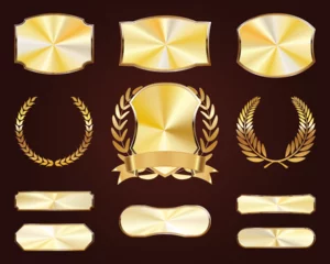 Fotobehang Set of golden shields. Luxury gold labels. Glossy metal badges. Collection of seals, laurel, ribbon © Sergio Lucci