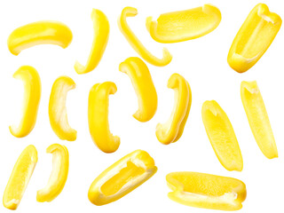 Cut slices of yellow  sweet bell pepper isolated on white background. Top view.