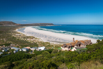 Panorama view of Noordhoek Long Beach near Cape Town, South Africa.