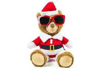 A teddy bear doll wearing santa set and glasses isolated on white background,Christmas day and New Year's gifts