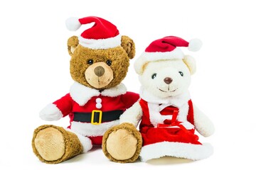 Couple teddy bear doll wearing santa set isolated on white background,Christmas day and New Year's gifts