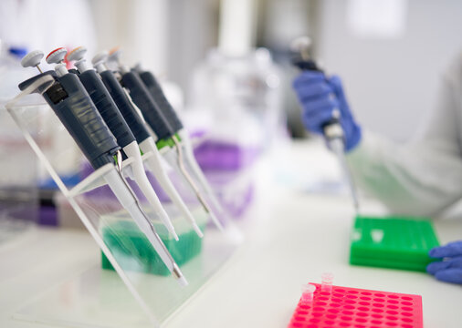 Close up pipettes and specimen holder in science laboratory