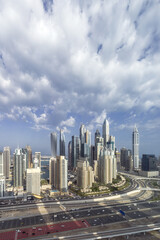 Modern skyscrapers and urban skyline in Dubai Marina.