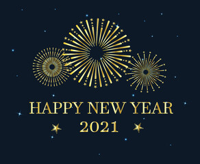 Happy new year  greeting card. Vector illustration of golden fireworks on dark  blue background.Happy new year 2021 greeting card . Banner, flyer, poster,  template.