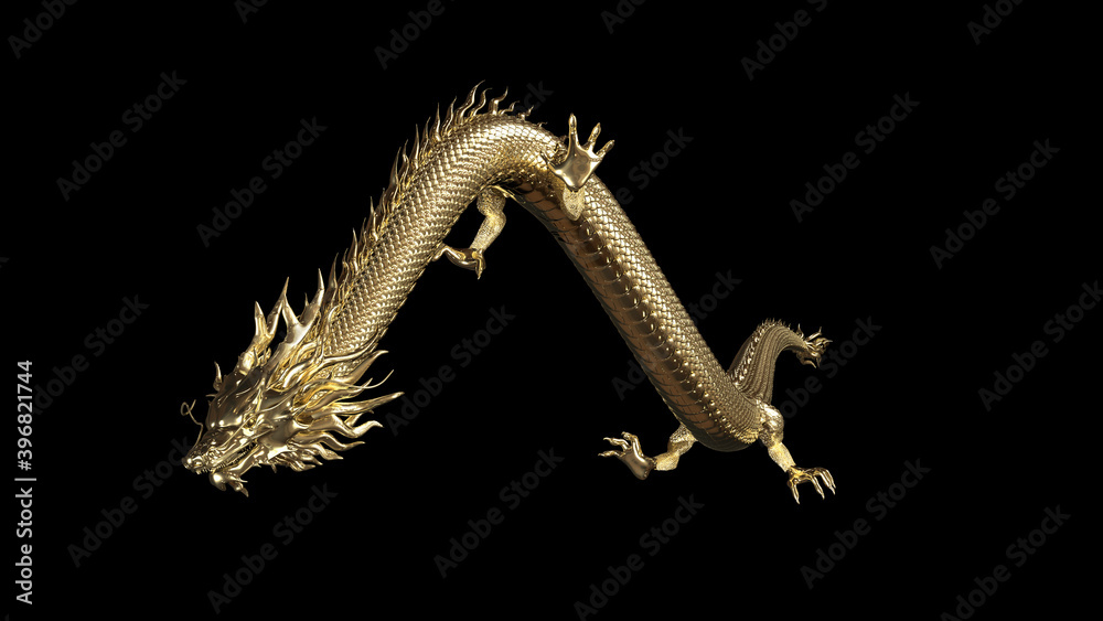 Wall mural full body gold dragon in bend body pose with 3d rendering include alpha path.