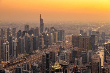 Fototapeta na wymiar Aerial view of cityscape and skyline in Marina.Dubai.UAE at sunset 