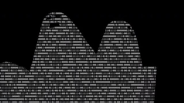 Two spooky digital ghosts moving on black background. Scary digital ghosts made from white binary code numbers on black background