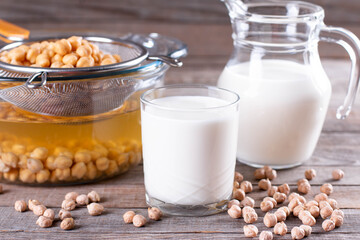 Chickpea vegetarian milk in a jug and a glass, raw chickpeas in bowl on a table. Non-dairy lactose free milk.