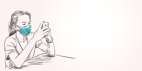 Sketch of teenage girl portrait in face mask for Coronavirus protection. Using smartphone, Vector hand drawn head illustration, New normal