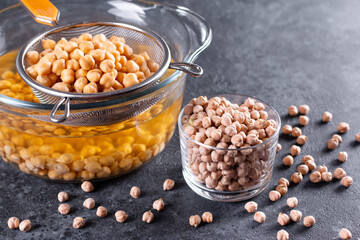 Boiled chickpeas and aquafaba, vegetarian product