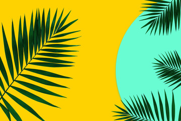 Creative banner with tropical leaves on geometric vibrant colours background. Flyer for ad. Design for invitation cards, flyers. Abstract design templates for posters, covers, wallpapers.