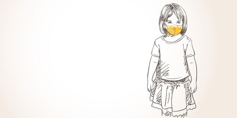 Little girl in yellow face mask for coronavirus prevention, child standing calm and looking straight portrait, Covid-19 pandemic quarantine Hand drawn illustration, Vector sketch banner template