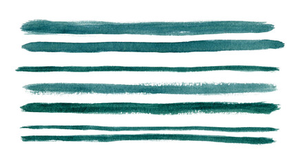 Abstract Blue Green Watercolor painted Stripes. Long dry Brush Strokes on white background. Dark green Lines of different width set. Hand drawn Grunge Stains. Elements isolated for design 