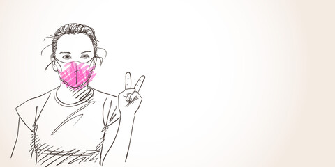 Teenage girl in pink face mask for coronavirus prevention showing V sign peace gesture, Covid-19 pandemic quarantine Hand drawn illustration, Vector sketch banner template