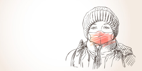 Preteen girl in face mask for coronavirus prevention portrait in winter clothes and hat, Covid-19 pandemic quarantine people Hand drawn illustration, Vector sketch