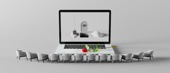 grave on laptop computer, dependence on the digital world, digital death concept 3d render 3d illustration
