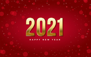 2021 happy new year banner golden color numbers on a red snowflakes background. vector illustration.