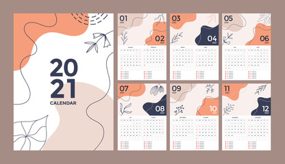 Set of abstract creative calendar design of 2021 year. Vector template collection. Week starts on Sunday.