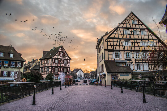 Sunrise in the Petit Venice of Colmar at Christmas. Concept typical Christmas sites