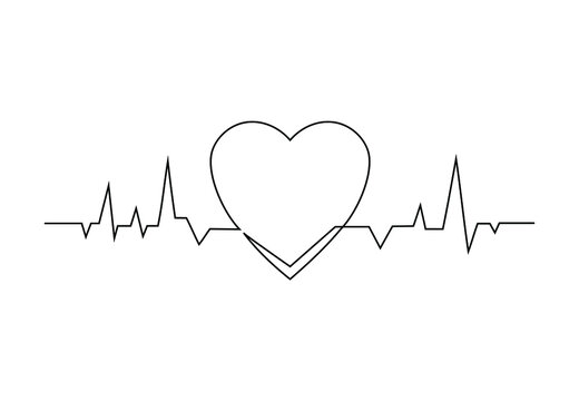 Continuous line drawing of cardiogram with shape of heart. Healthy heartbeat pulse line, electrocardiogram or ECG icon, healthcare concept for hospital logo. Medical vector illustration