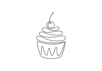 Muffin cake one single line drawing for logo. Sweet cupcake with cherry, delicious pastry online shop icon restaurant badge concept. Modern hand draw vector illustration
